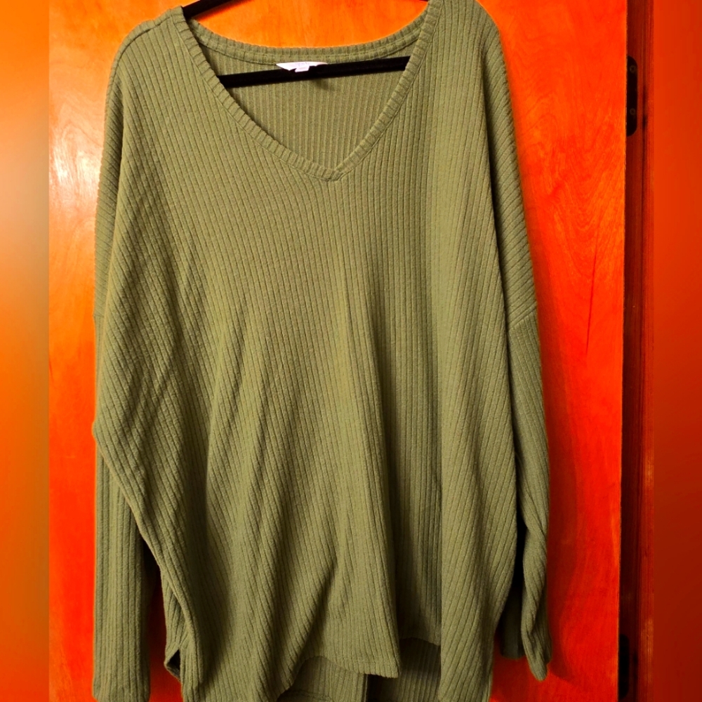 Olive Green V-Neck Ribbed Sweater soft fleece material